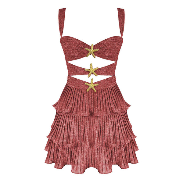 Glittering Lurex Starfish Cutout Pleated Ruffle Tiered Vacation Mini Sundress