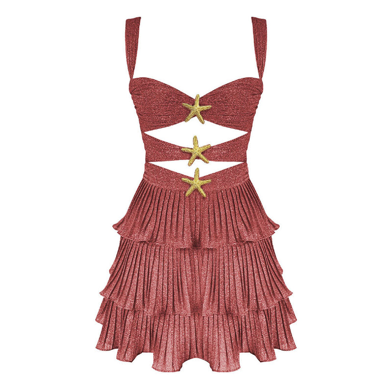 Glittering Lurex Starfish Cutout Pleated Ruffle Tiered Vacation Mini Sundress