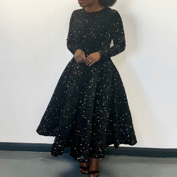 Gorgeous Crew Neck Long Sleeve Fit & Flare Sequin Velvet Midi Cocktail Dress