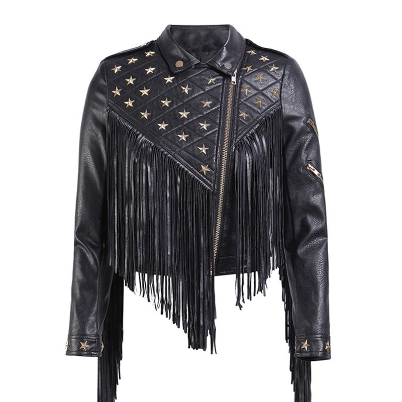 Gothic Metal Star Stud Zip Up Long Sleeve Fringe Vegan Leather Biker Jacket