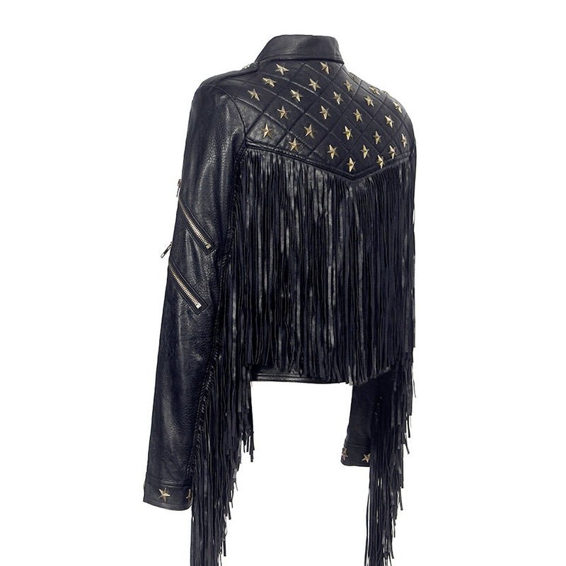 Gothic Metal Star Stud Zip Up Long Sleeve Fringe Vegan Leather Biker Jacket