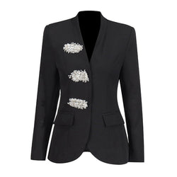 Graceful Collarless Crystal Embellished Long Sleeve Cinch Waist Blazer