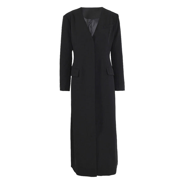 Graceful Collarless Single Breasted Strong Shoulder Long Tailored Coat