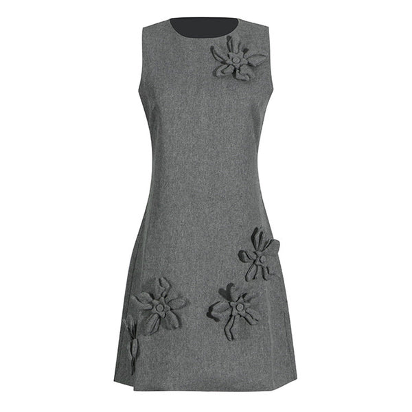 Graceful Floral Applique Round Neck Sleeveless A Line Party Mini Dress