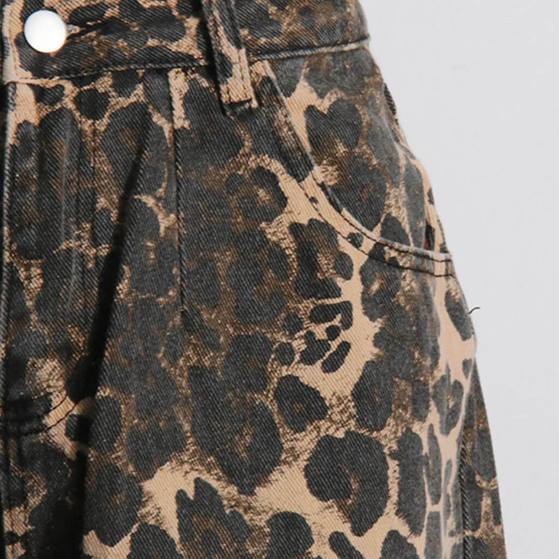 Jungle Leopard Print High Waist Wide Leg Slashed Cutout Denim Jeans