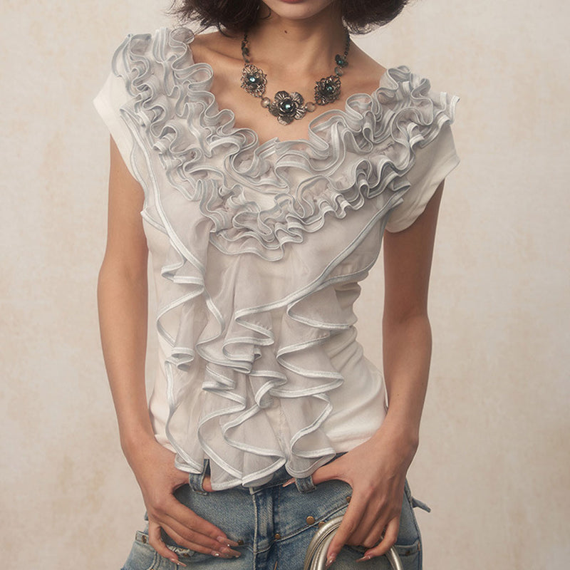 Lavish Cascade Ruffle Applique Scoop Neck Short Sleeve Slim Fit T Shirt