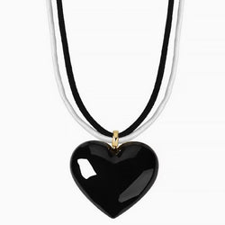 LOVE IS AROUND Two Tone Enameled Puffed Heart Pendant Wrapped Cord Necklace