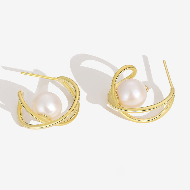 Luxe Two Tone 18K Gold Plated Sterling Silver Baroque Pearl Hoop Earrings