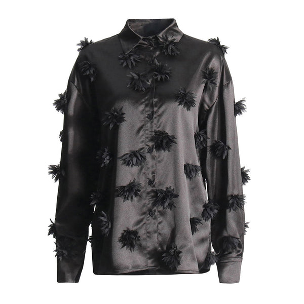 Luxurious 3D Rosette Collared Long Sleeve Button Up Oversized Satin Shirt