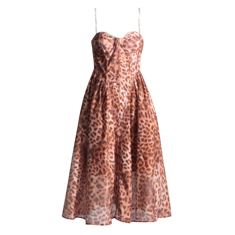 Luxurious Crystal Bustier Gathered Drop Waist Leopard Tulle Midi Sundress