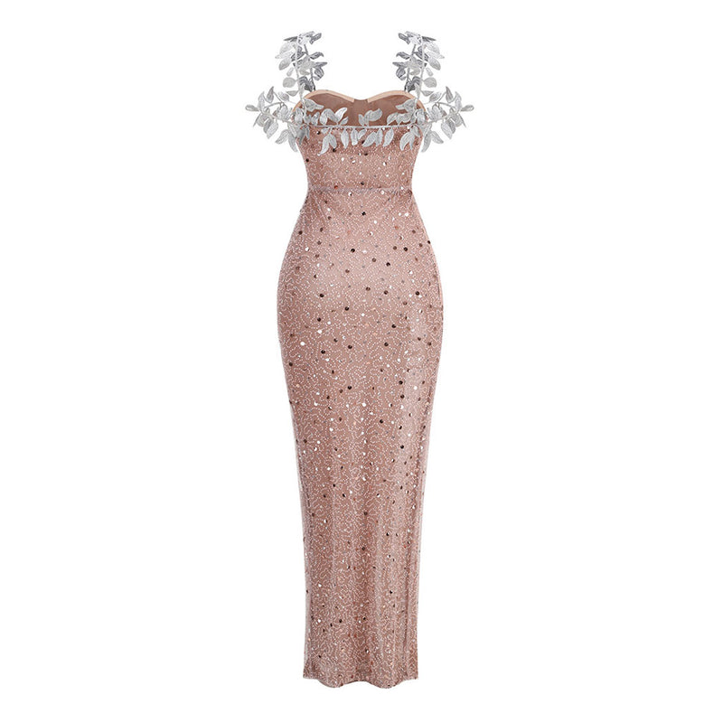 Luxury Beaded Sequin Embroidered Leaf Cold Shoulder Ruched Mesh Maxi Dress