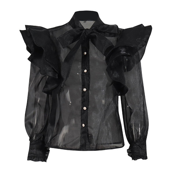 Luxury Bow Tie Neck Layered Ruffle Long Sleeve Button Up Organza Blouse