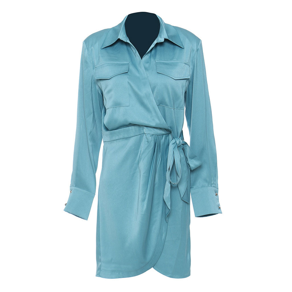 Blue Tie Waist Long Sleeve Midi Shirt Dress