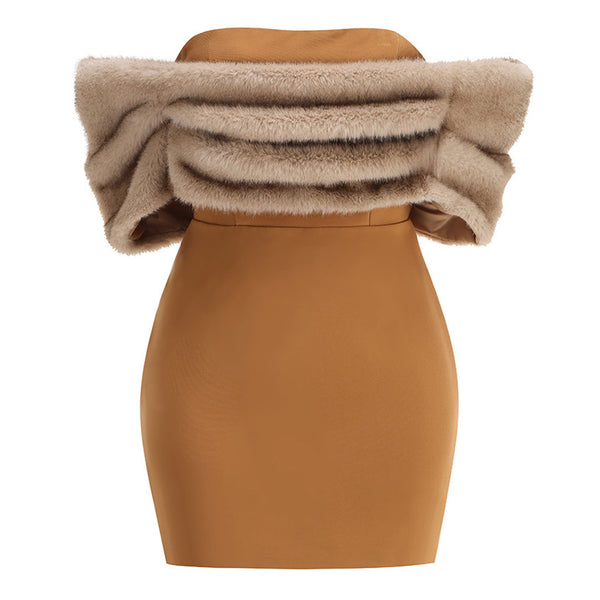 Luxury Draped Faux Fur Off The Shoulder Bodycon Crepe Party Mini Dress