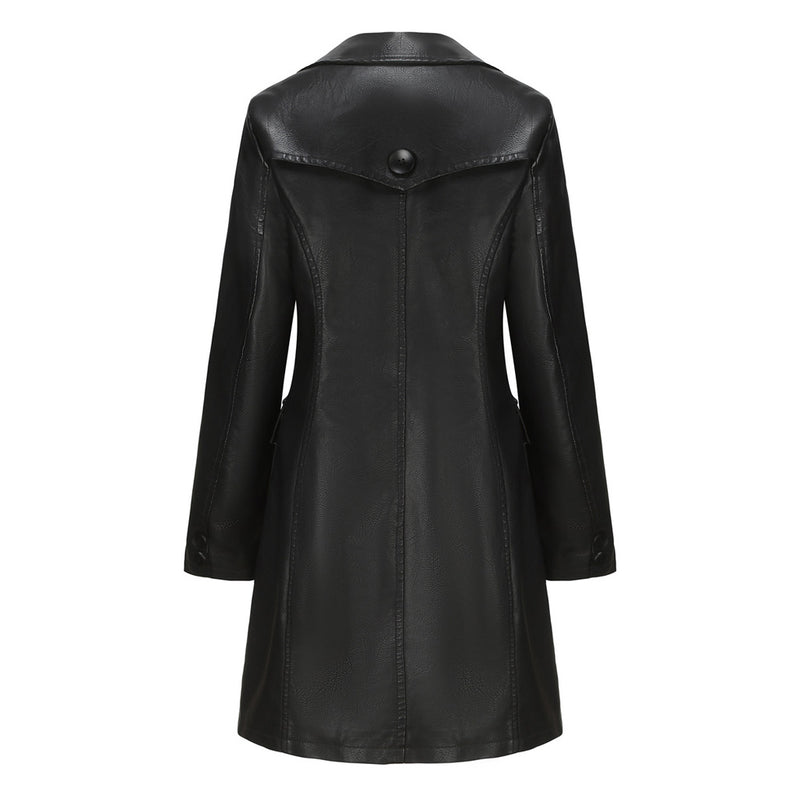 Luxury Lapel Collar Long Sleeve Button Up Cinch Waist Vegan Leather Trench Coat