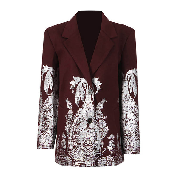 Luxury Metallic Foil Floral Print Lapel Padded Long Sleeve Oversized Blazer