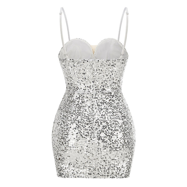 Luxury Pearl Rhinestone Spaghetti Strap Sequin Bodycon Mini Party Dress