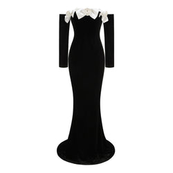 Luxury Rosette Bow Trim Off Shoulder Long Sleeve Fishtail Velvet Maxi Dress