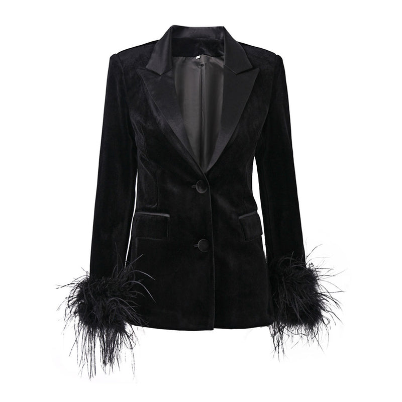 Luxury Satin Lapel Padded Shoulder Button Up Feather Tailored Velvet Blazer