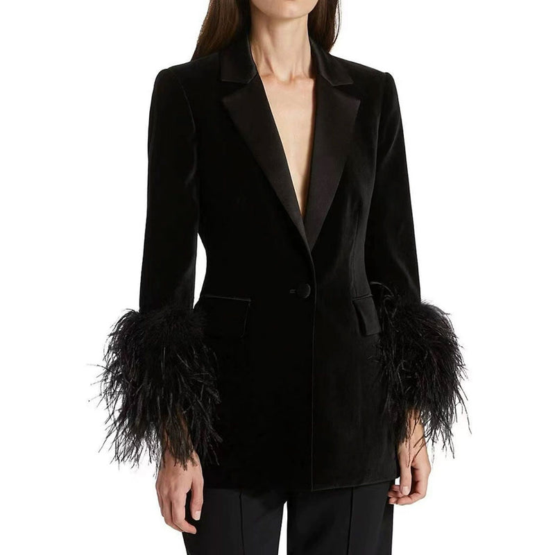 Luxury Satin Lapel Padded Shoulder Button Up Feather Tailored Velvet Blazer