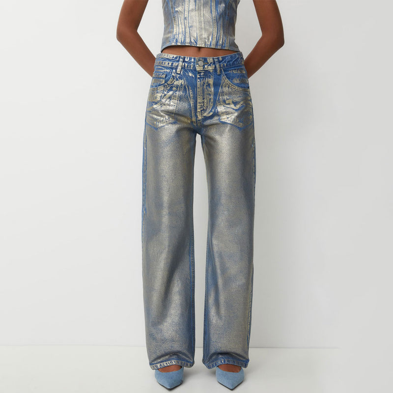 Metallic Foil Ombre High Waist Pocket Wide Leg Baggy Boyfriend Jeans