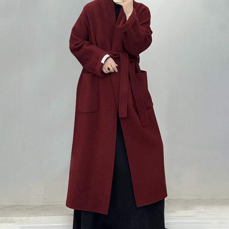 Minimalist Collarless Long Sleeve Cargo Pocket Belted Cotton Blend Coat