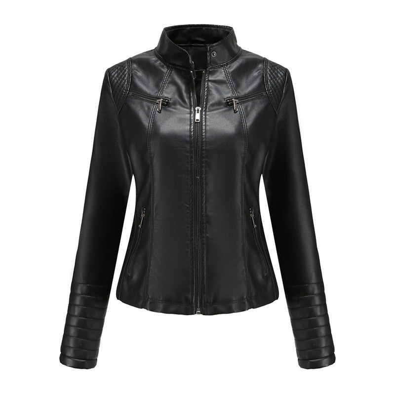 Minimalist Stand Collar Long Sleeve Zip Up Slim Fit Vegan Leather Biker Jacket