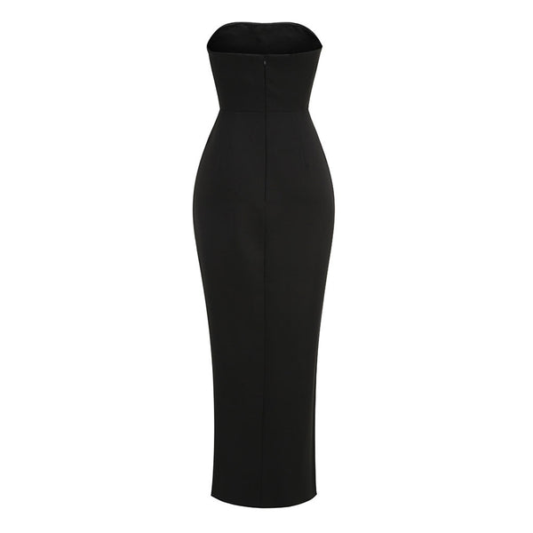 Minimalist Strapless Contrast Bow Embellished High Split Maxi Evening Dress