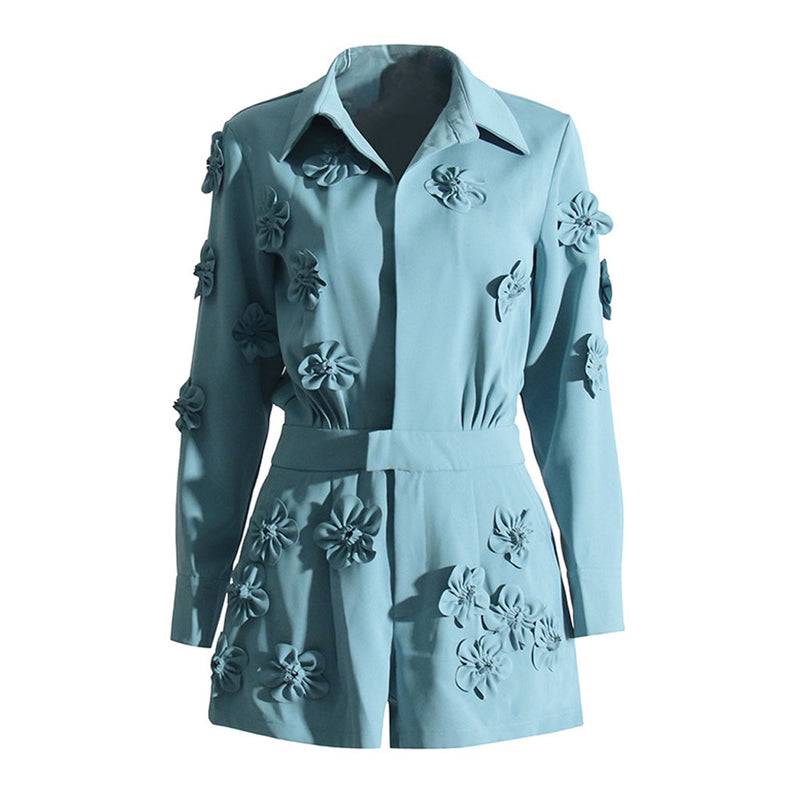 Modern 3D Flower Applique Collared Deep V Neck Long Sleeve Blazer Romper