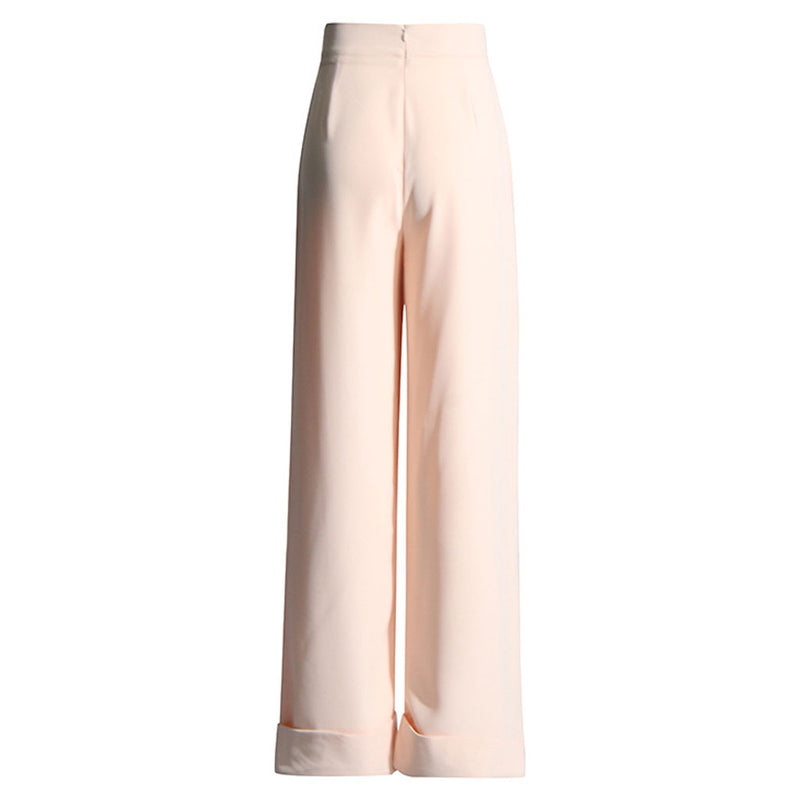 Modern Monochromatic High Waist Pleated Roll Up Hem Wide Leg Pants