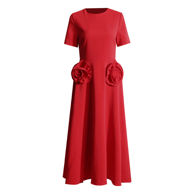 Modest Crew Neck Short Sleeve A Line Crepe Embellished Rosette Midi Dress