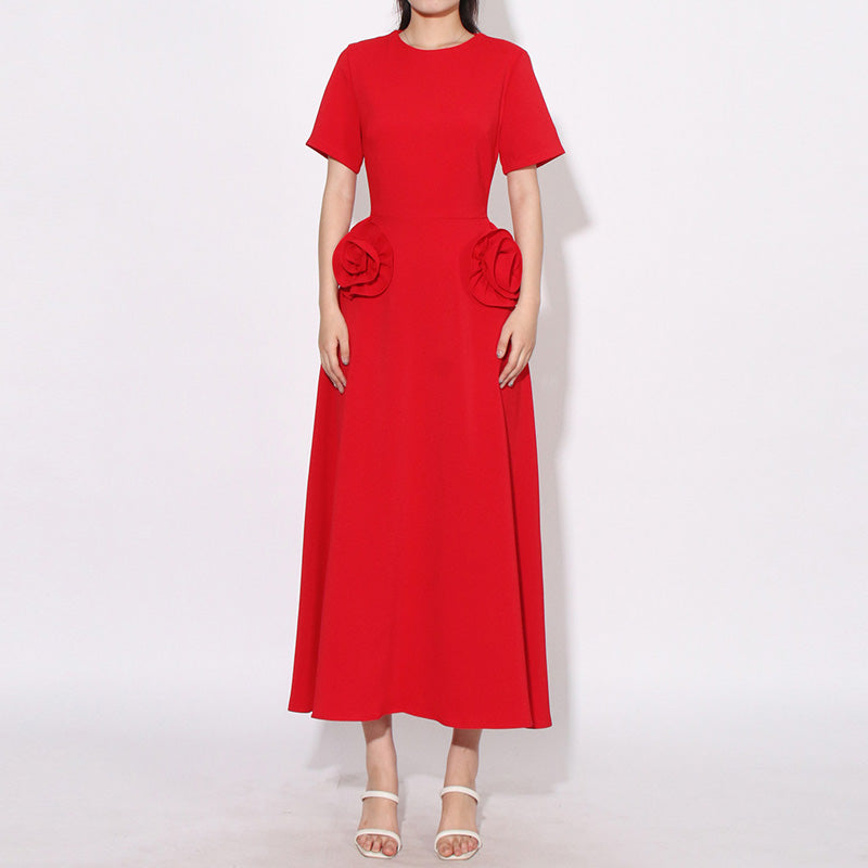 Modest Crew Neck Short Sleeve A Line Crepe Embellished Rosette Midi Dress