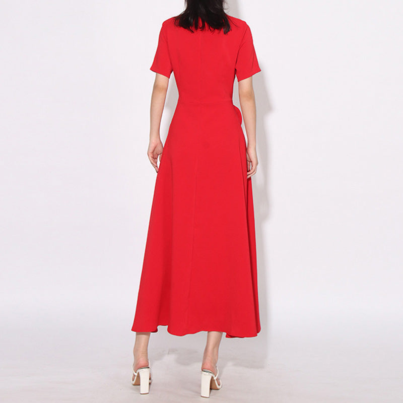 Modest Crew Neck Short Sleeve A Line Crepe Embellished Rosette Midi Dress