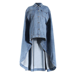 Offbeat Collared Single Breasted Oversized High Low Denim Cape Jacket