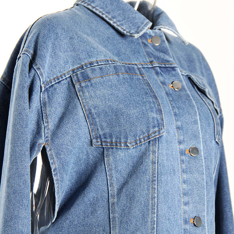 Offbeat Collared Single Breasted Oversized High Low Denim Cape Jacket