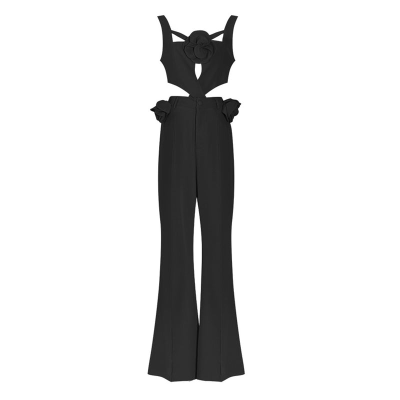 Offbeat Cross Cutout Sleeveless High Rise Pintuck Flared Rosette Jumpsuit