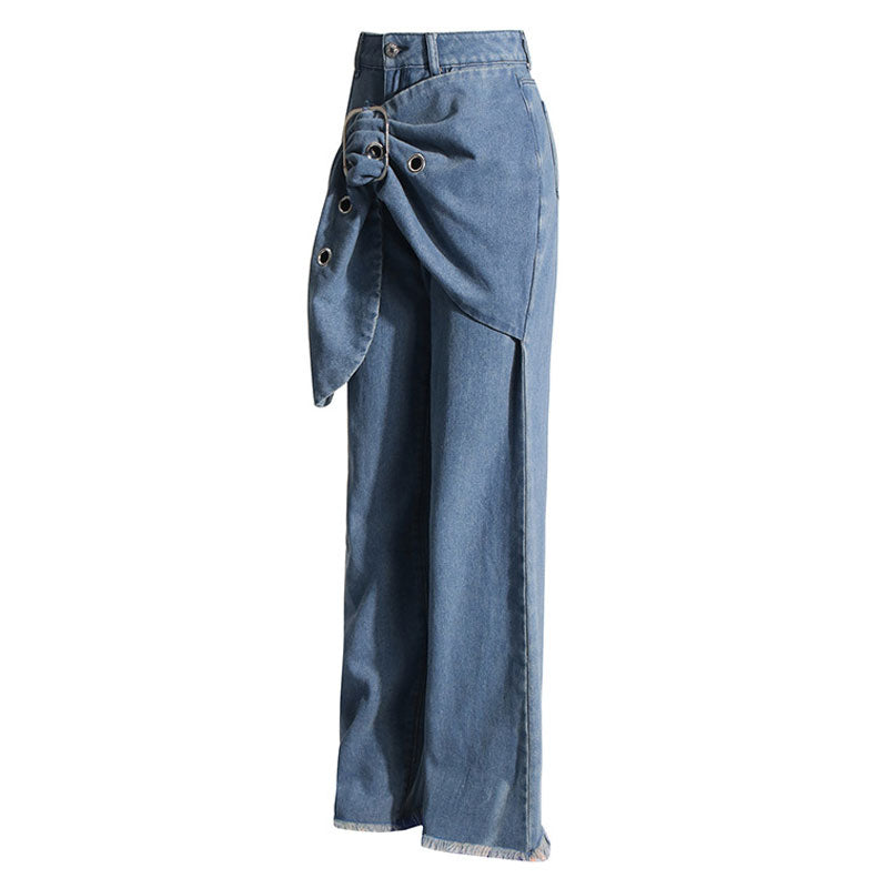 Offbeat High Waist Big Buckle Belt Grommet Frayed Wide Leg Denim Jeans