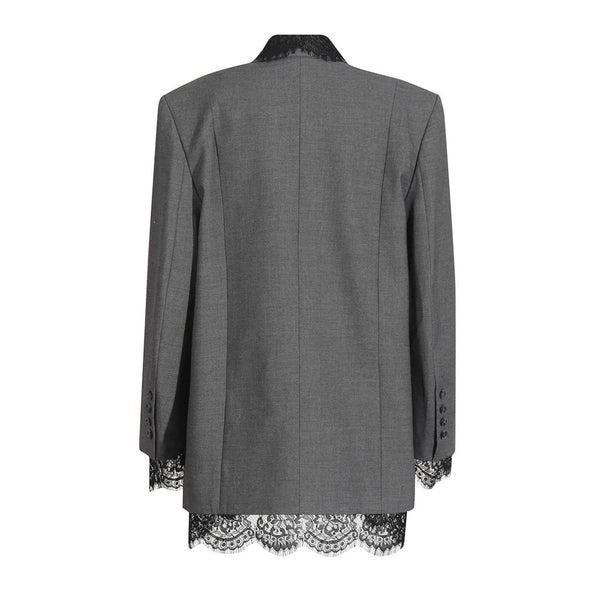 Offbeat Lace Trim Lapel Single Breasted Long Sleeve Oversized Long Blazer