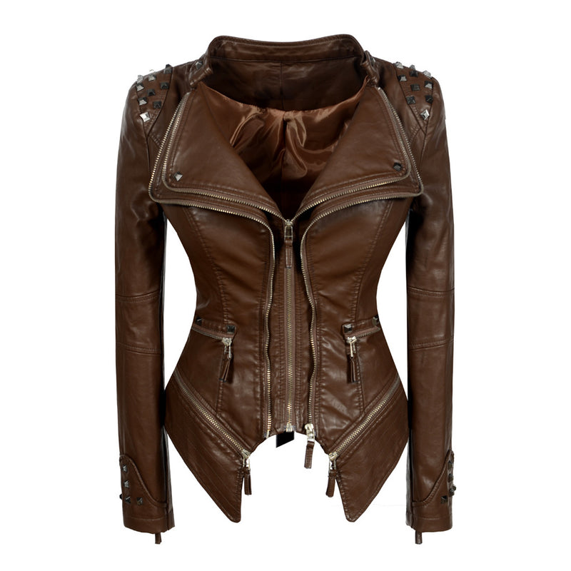 Offbeat Metal Rivet Double Zip Up Long Sleeve Vegan Leather Biker Jacket