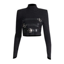 Offbeat Mock Neck Padded Long Sleeve Buckle Up Ribbed Knit Crop Sweater