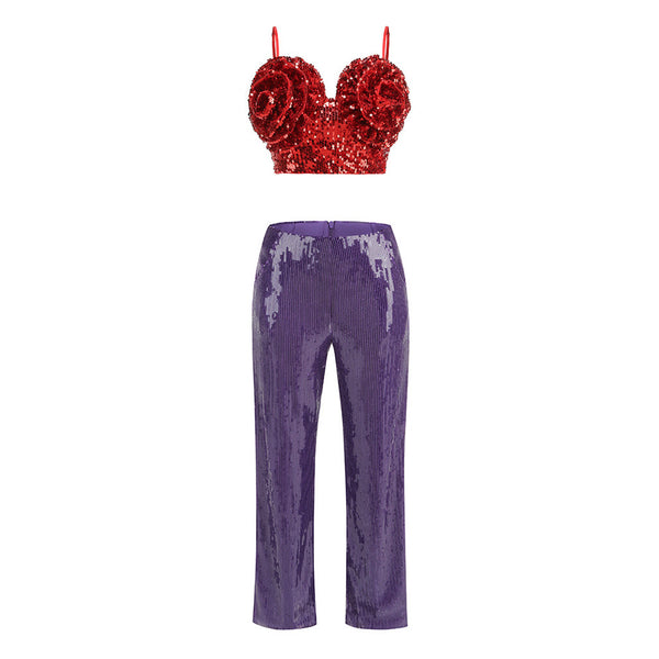 Offbeat Rosette Lace Up Bra Top High Waist Wide Leg Sequin Pant Matching Set