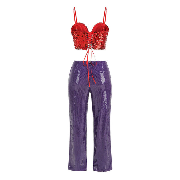 Offbeat Rosette Lace Up Bra Top High Waist Wide Leg Sequin Pant Matching Set