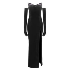 Opulent Crystal Bow Trim Strapless Opera Glove Split Velvet Maxi Fishtail Dress