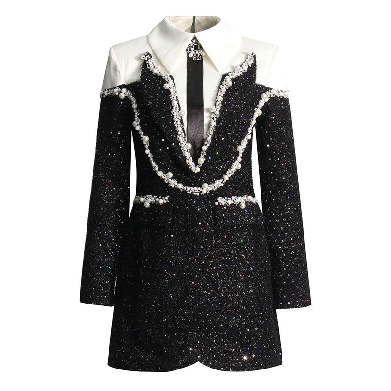 Opulent Crystal Satin Tie Long Sleeve Pearl Sequin Hybrid Tweed Mini Dress