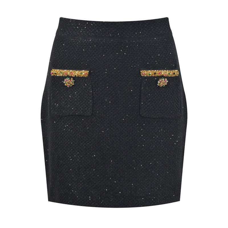 Opulent Crystal Trim High Waist Patch Pocket Bodycon Wool Knit Sequin Mini Skirt