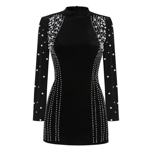 Opulent Faux Pearl Embellished Long Sleeve Velvet Bodycon Mini Party Dress