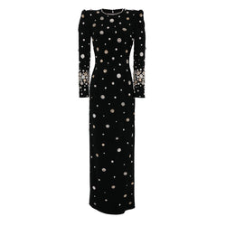 Opulent Faux Pearl Rhinestone Crew Neck Long Sleeve Crepe Maxi Evening Dress