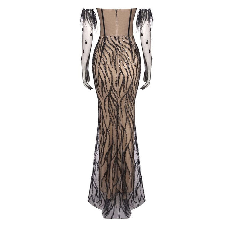 Opulent Feather Sheer Glove Rhinestone Sequin Strapless Fishtail Maxi Dress