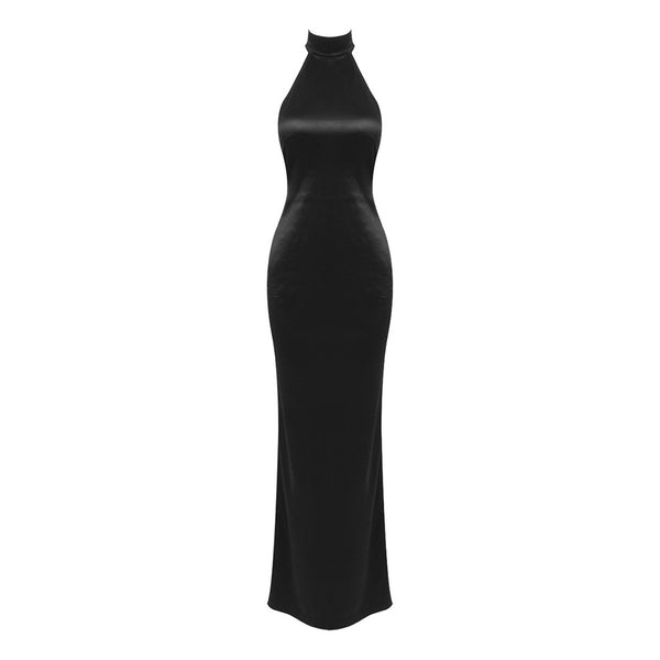 Opulent Halter Wrap Scarf Faux Pearl Backless Split Satin Gown Maxi Dress