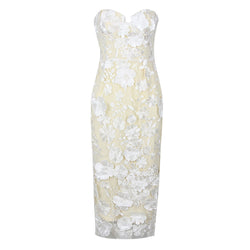 Opulent Notch Sweetheart Strapless Mesh Bodycon Embroidered Floral Midi Dress